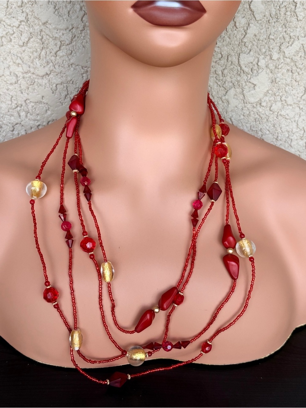 Joan Rivers Vibrant Red/Gold Multi-Strand Beaded Necklace
